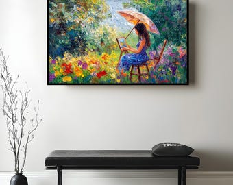 Cuadro mural enmarcado: Cuadro impresionista de jardín floral con aspecto de obra de arte para pared