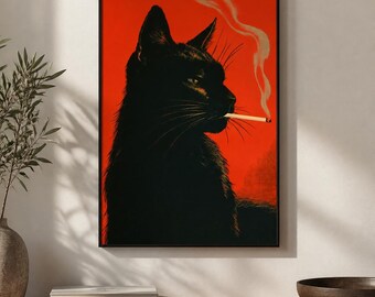 Close Up Black Cat Framed Wood Print Wall Art, Smoking Feline Profile on Red Orange, Quirky Retro Decor, Deep or Floating Frame