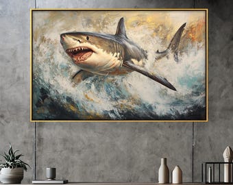 Shark Attack Wooden Wall Art, Powerful Ocean Predator Print for Nautical Decor, Bold Statement Piece for Office or Man Cave