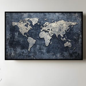 Lienzo con mapa del mundo rústico: cuadro con marco azul marino, estilo minimalista.