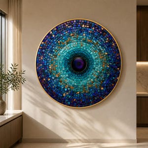 May include: A circular wall art piece featuring a radial mosaic pattern of small square tiles in shades of deep blue, turquoise, and teal. The center contains a dark, smooth circular element, and the entire artwork is encased in a thin gold frame.