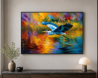 Flying Heron Framed Wood Print Wall Art, Colorful Sunset Lake Bird Landscape, Vibrant Deep or Floating Frame Artwork