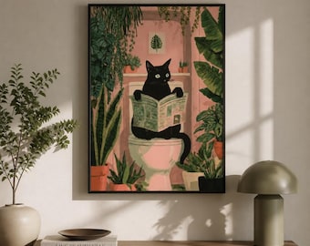 Funny Black Cat Framed Wood Print Wall Art, Cat Reading Newspaper on Toilet, Pink Bathroom Decor, Wooden Wall Art, Wood Wall Decor