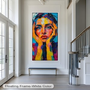 Colorful Woman Portrait Wall Art on Wood, Vertical Panoramic Modern Face Print, Vibrant Expression Art in White Floating Frame