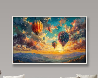 Framed Hot Air Balloon Oil Painting: Colorful Sunset Landscape Art