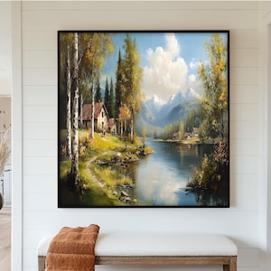 Framed Lake Oil Painting on Wood: Rustic Mountain Cabin Art