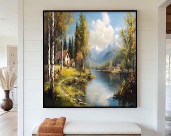 Framed Lake Wall Painting : Rustic Mountain Cabin Art Painting Look Wall Art
