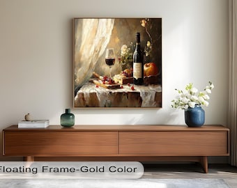 Natura morta con vino e formaggio, stampa incorniciata: quadro rustico da parete per cucina, stile minimalista.