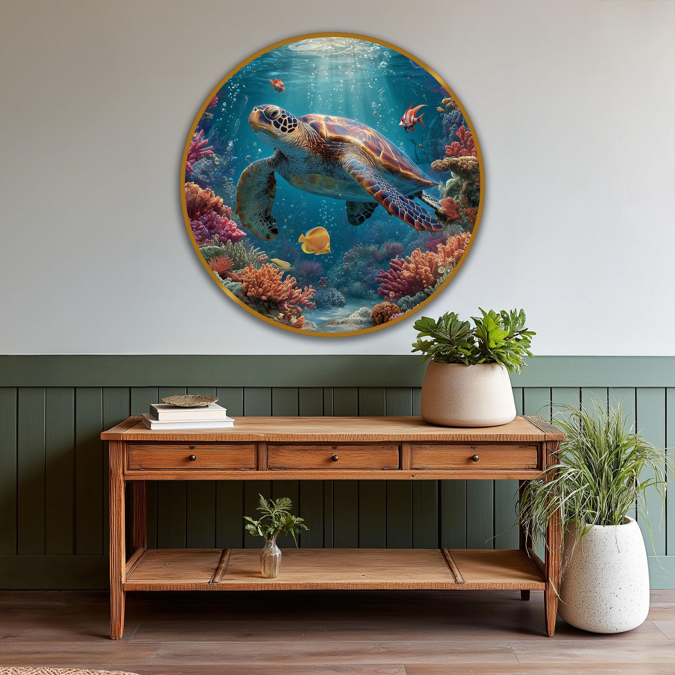 Sea Turtle Wood Wall Art, Ocean Wooden Wall Decor, Marine Life Round ...