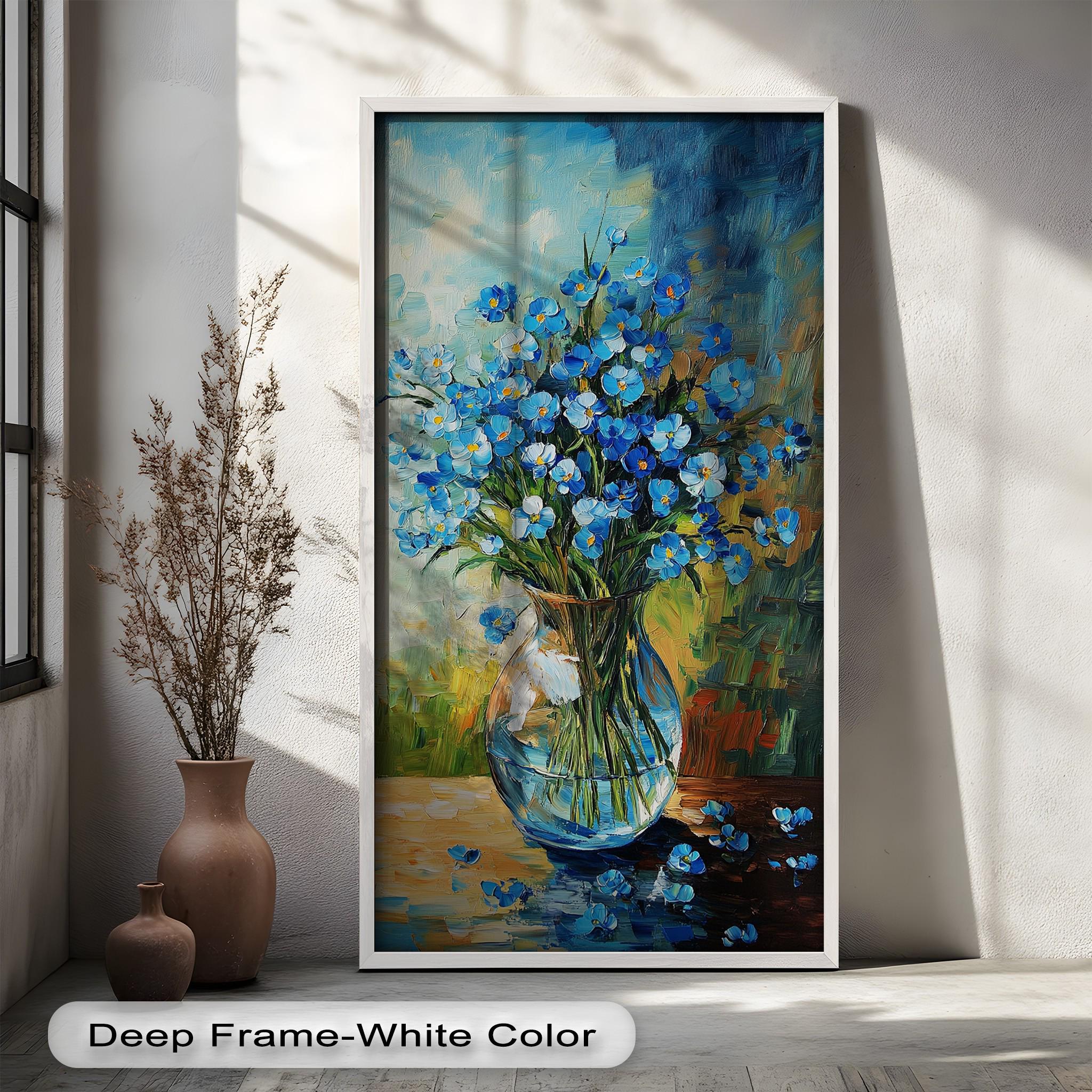 Blue Flowers in Vase Framed Wood Art: Vertical Floral Wall