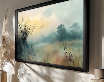 Framed Misty Landscape Wall Painting : Rustic Nature Art Painting Look Wall Art