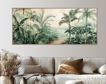 Framed Jungle Oil Painting on Wood: Tropical Palm Tree Art