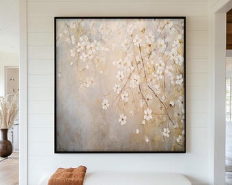 Ingelijste bloemenmuurschildering: witte bloesem muurdecoratie schilderij look muurkunst