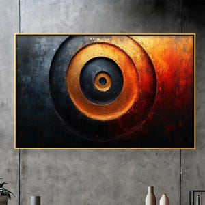 Abstract Gold Circle Oil Painting on Wood: Modern Framed Wall Art