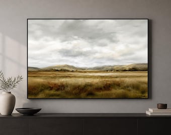 Neutral Landscape Wood Print, Panoramic Mountain Field Wall Art, Moody Cloudy Sky, Horizontal Oil Painting Style Decor