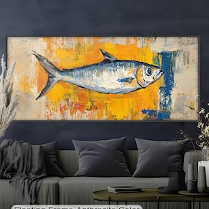 Blue Fish Wooden Wall Art, Abstract Ocean Fish Painting on Wood, Coastal Kitchen or Beach House Decor, Horizontal Panoramic