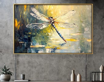 Cuadro de pared de madera con forma de libélula: Estampado de insecto texturizado con marco flotante que imita la apariencia de una pintura.