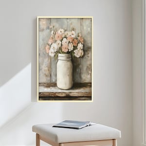 Rustic Floral Oil Painting on Wood, Mason Jar Wall Art, Farmhouse Flower Decor, Vintage Botanical Artwork for Living Room & Kitchen