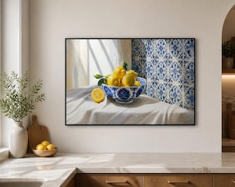 Blue Tile and Lemon Framed Wood Print Wall Art, Mediterranean Kitchen Still Life, Deep or Floating Frame Artwork