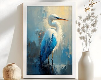 Cuadro decorativo de garza azul enmarcado: elegante obra de arte de la naturaleza para pared.