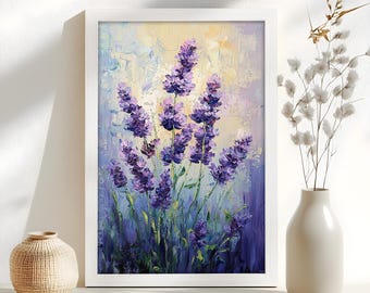 Framed Lavender Flower Wall Painting: Rustic Floral Home Decor Painting Look Wall Art