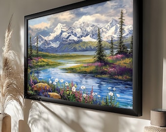 Gebirgsbach mit blühenden Blumen, eingerahmtes Landschaftsölgemälde der Natur, des Flusses und der schneebedeckten Gipfel