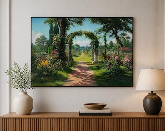 Cottage Garden Framed Wood Print Wall Art, Flower Archway Landscape, Colorful English Garden Decor, Deep or Floating Frame