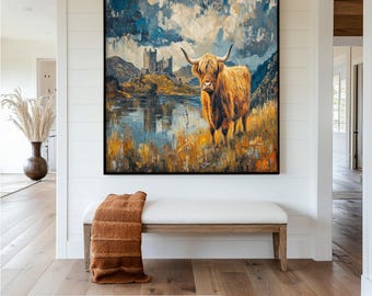 Framed Highland Cow Print: Rustic Scottish Castle Landscape Art Painting Look Wall Art