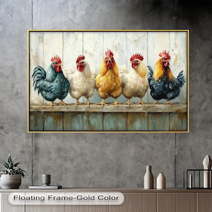 Rustikales Huhn Poster: Bauernhaus Hahn Wandkunst mit Gold Floating Frame Gemälde Look Wandkunst, Geschenk zum Muttertag