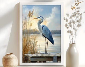 Blaues Reiher-Ölgemälde auf Holz, Küstenvogel-Wand-Kunst, ruhiges Natur-Dekor, ruhiges Sumpfgebiet-wild lebende Tiere Kunstwerk für Wohnzimmer u. Büro