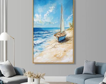 Framed Sailboat Wall Painting : Coastal Beach Scene Painting Look Wall Art