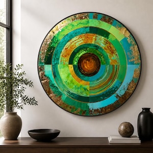May include: A large circular wall art piece featuring concentric rings in shades of emerald green, lime green, turquoise, and deep amber. The composition includes textured gold leaf accents along the outer edges and a dark, thin circular frame.