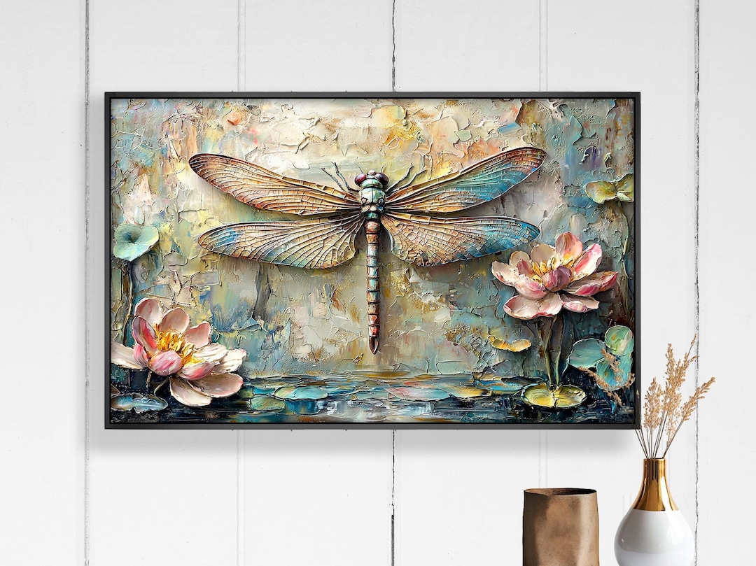 Dragonfly Wall Painting : Framed Lotus Flower Botanical Art Oil ...