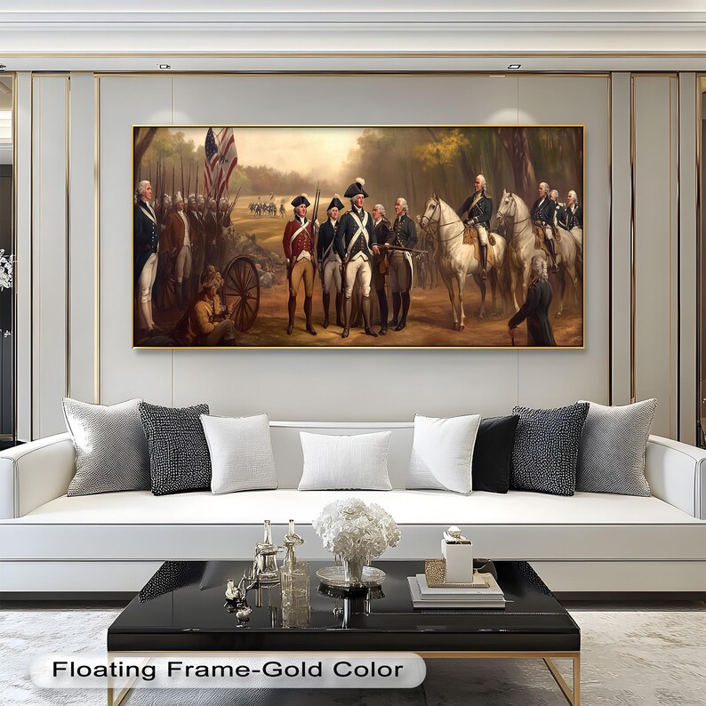 Patriotic artwork of American Revolutionary War leaders standing with troops and horses in a battlefield scene.