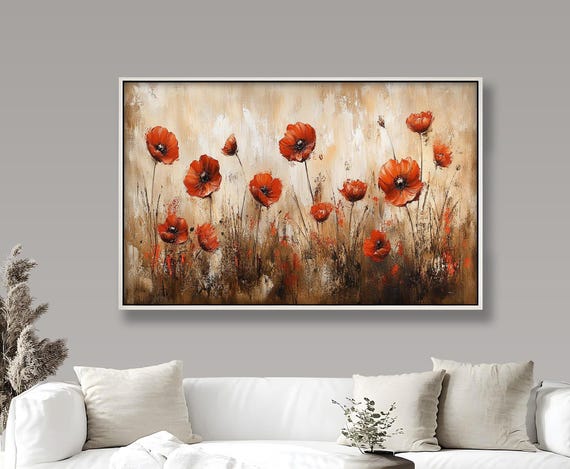 木製の赤いポピーの壁画：額入りの素朴な花柄の壁アート - Etsy 日本