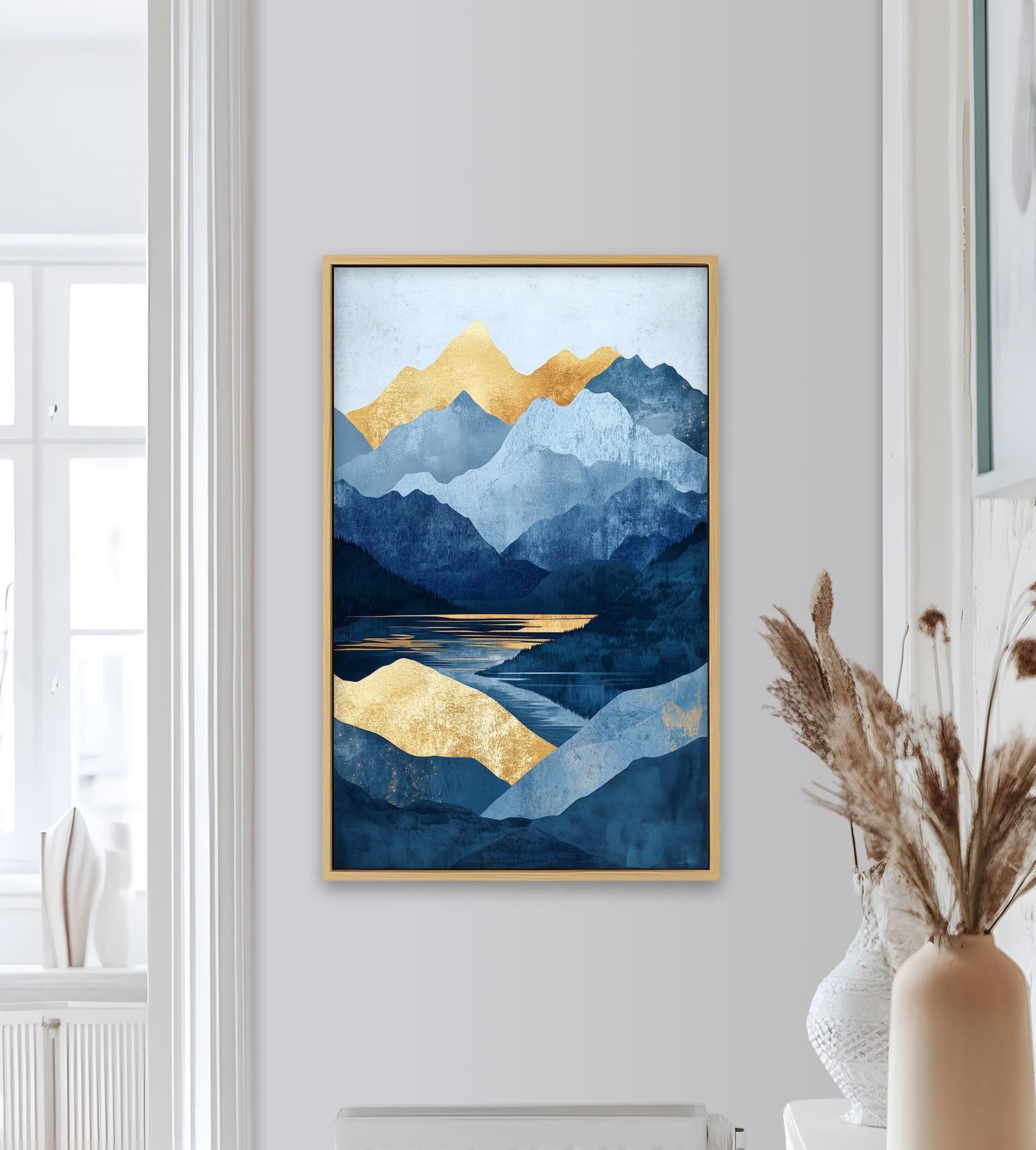 額入りの青と金の山の壁画：抽象風景画の油絵風壁画 - Etsy 日本