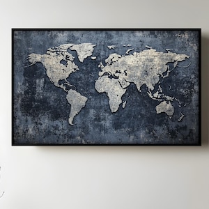 Pintura de mapa del mundo vintage sobre madera: arte de pared rústico grande, impresión de mapa antiguo, decoración de viaje azul marino, obra de arte de madera texturizada para oficina