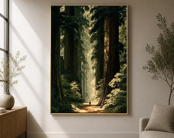 Ancient Forest Path Framed Wood Print Wall Art, Lone Traveler Among Giant Trees, Wooden Wall Art, Wood Wall Decor, Wood Wall Art