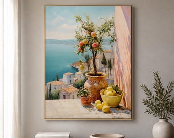 Pomegranate Tree Framed Wood Print Wall Art, Lemon Bowl and Mediterranean-Inspired Coastal Terrace, Wooden Wall Art, Wood Wall Decor