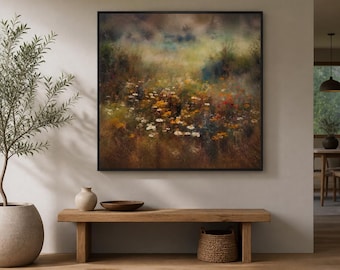 Enchanted Wildflower Meadow Framed Wood Print Wall Art, Moody Daisy Woodland Landscape, Deep or Floating Frame