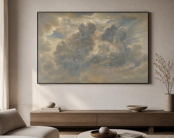 Dreamy Cloudscape Framed Wood Print Wall Art, Blue Beige Sky Artwork, Ethereal Neutral Decor, Wooden Wall Art, Wood Wall Art