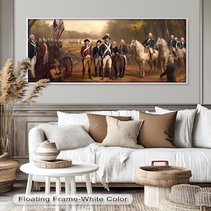 Wooden framed art of a historical American military moment with commanders and soldiers lined in formation.