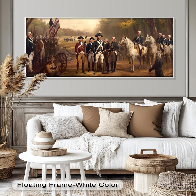 Wooden framed art of a historical American military moment with commanders and soldiers lined in formation.
