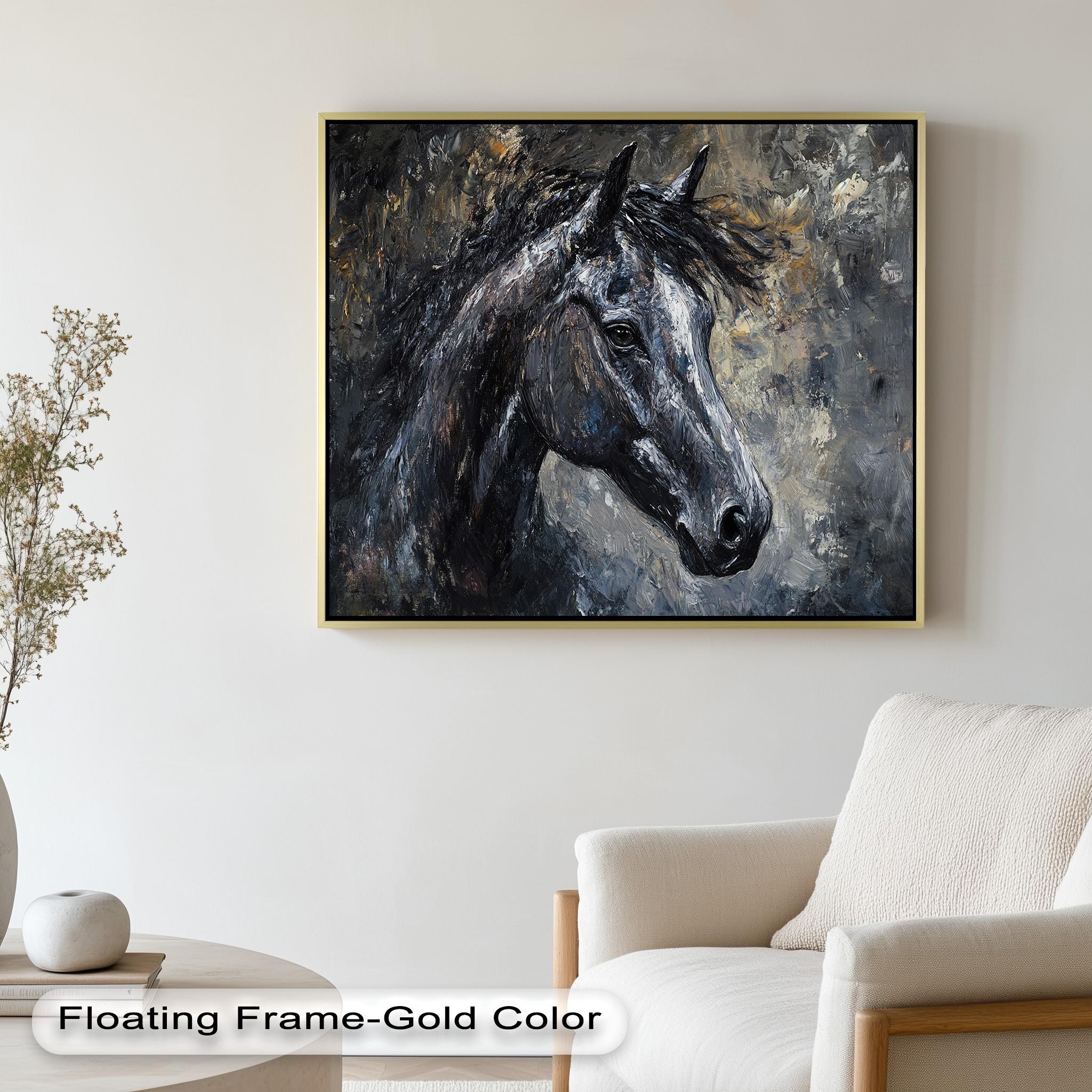 黒馬の肖像画：筆致の馬のプリント、金色の額縁に入った絵画風の壁掛け