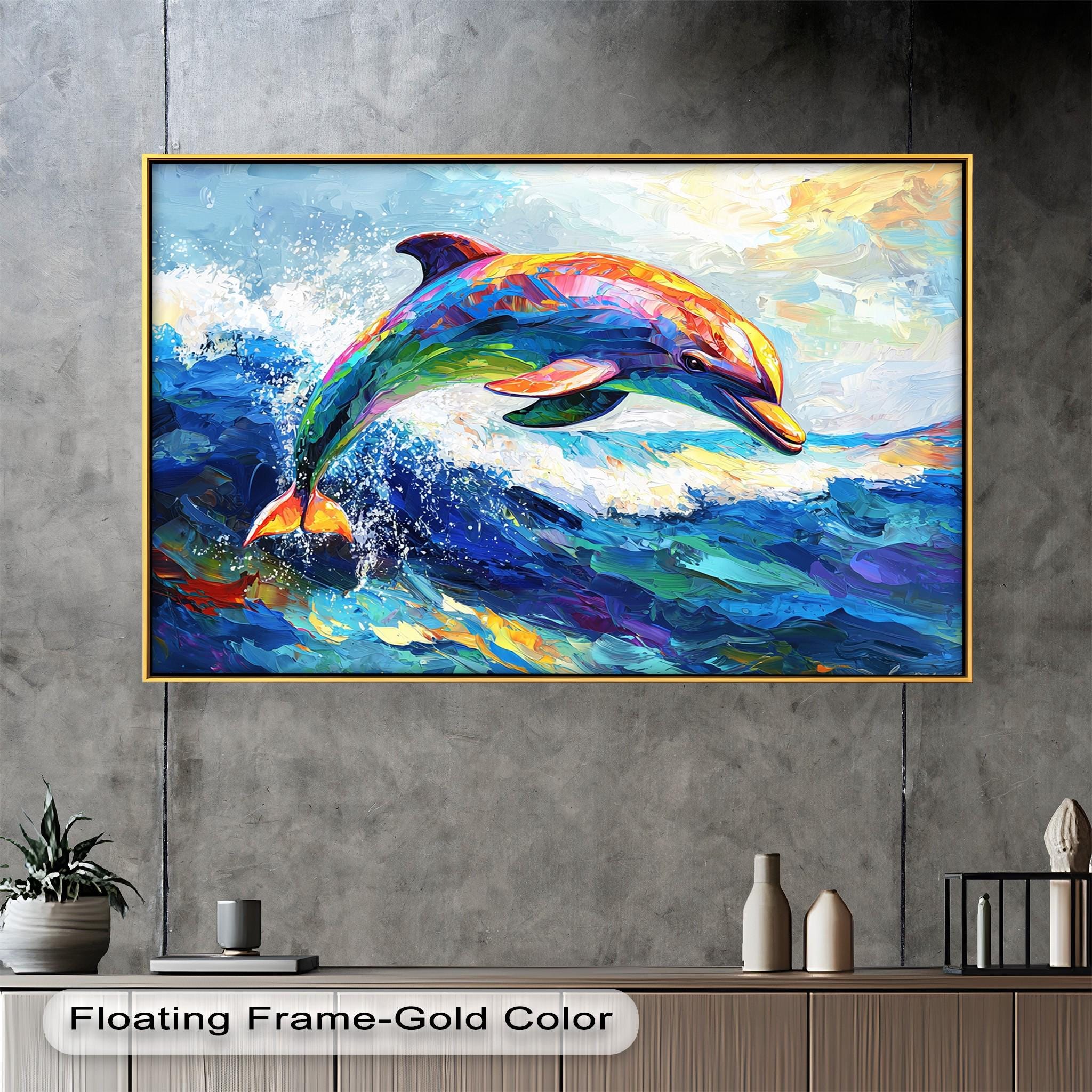 Colorful Dolphin Print: Framed Ocean Wildlife Wooden Wall Art