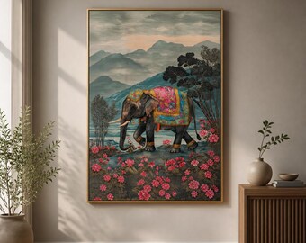 Decorated Elephant Framed Wood Print Wall Art, Pink Floral Mountain Landscape, South Asian Inspired Decor, Wooden Wall Art
