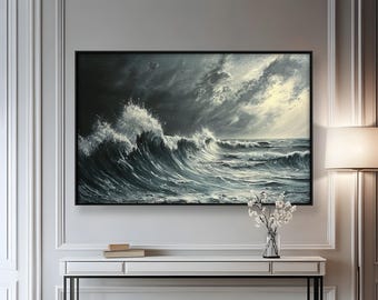 Framed Stormy Ocean Wave Print: Nautical Coastal Wall Art Painting Look Wall Art