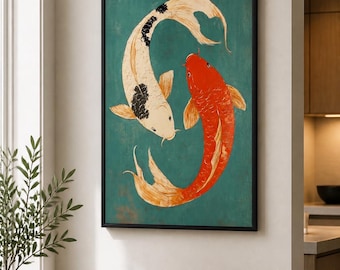 Two Koi Fish Wood Print, Yin Yang Inspired Wall Art, Red and White Carp on Turquoise, Vertical Zen Nature Decor