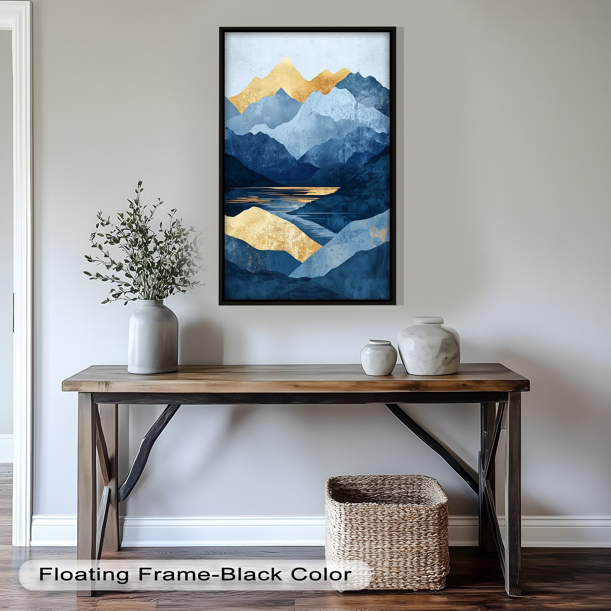 額装された青と金の山の壁画：抽象的な風景画風の壁掛けアート - Etsy 日本
