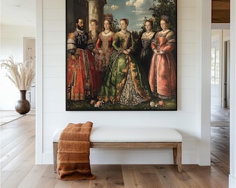 Retrato de la Familia Real Renacentista: Cuadro decorativo con aspecto de pintura rústica sobre madera enmarcado.